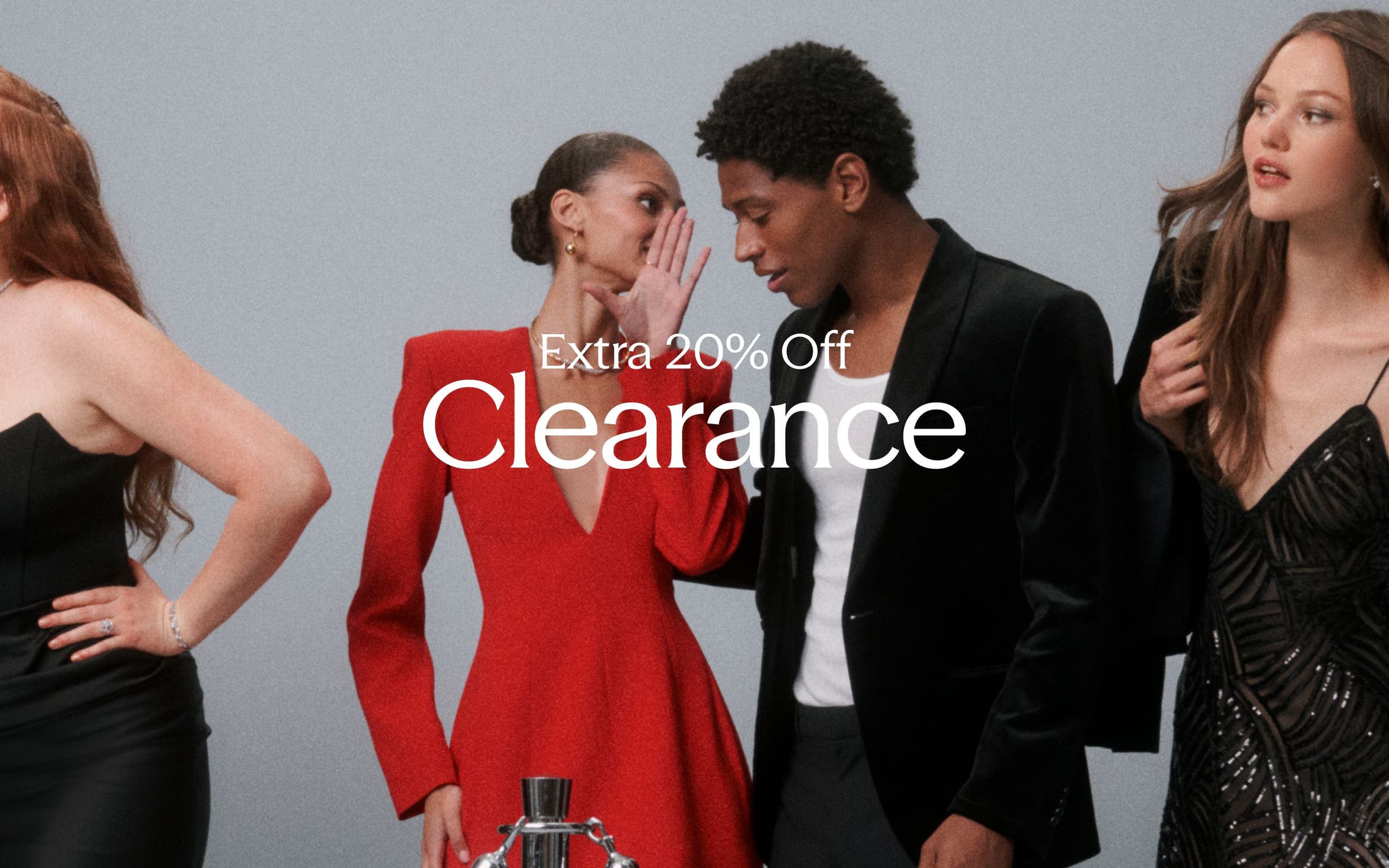 Extra 20% Off Clearance; people dressed for a party.
