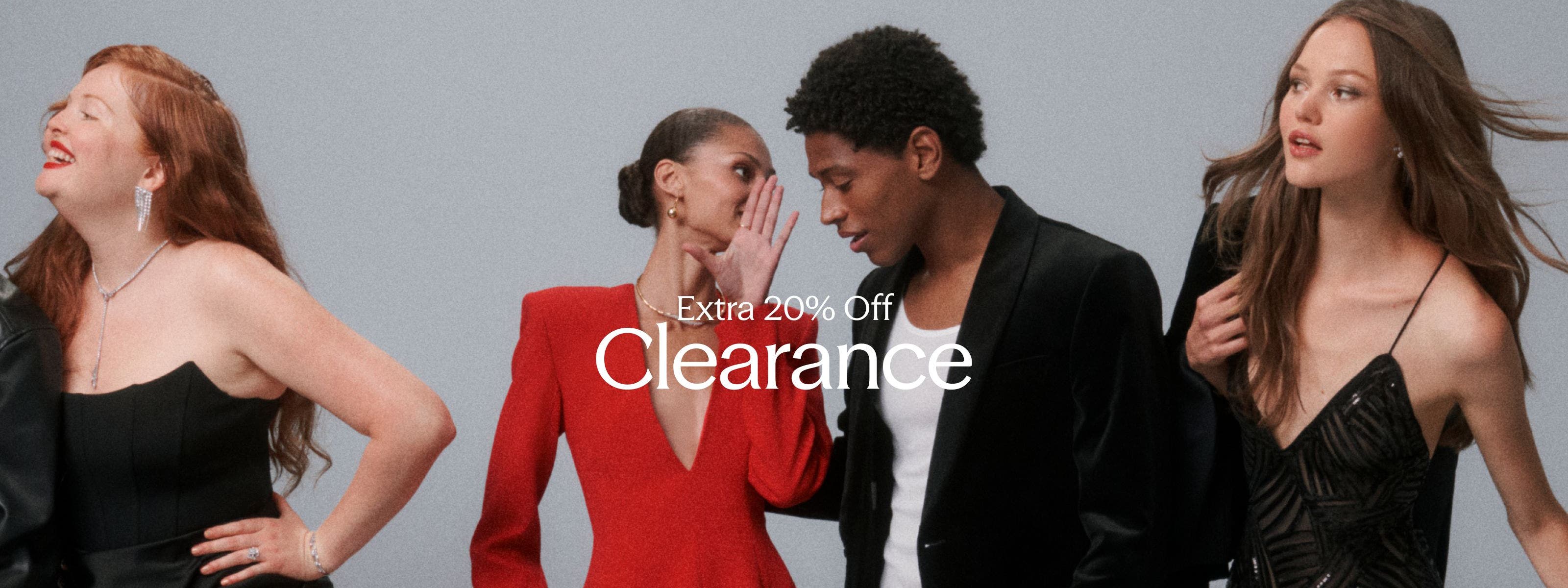 Extra 20% Off Clearance; people dressed for a party.