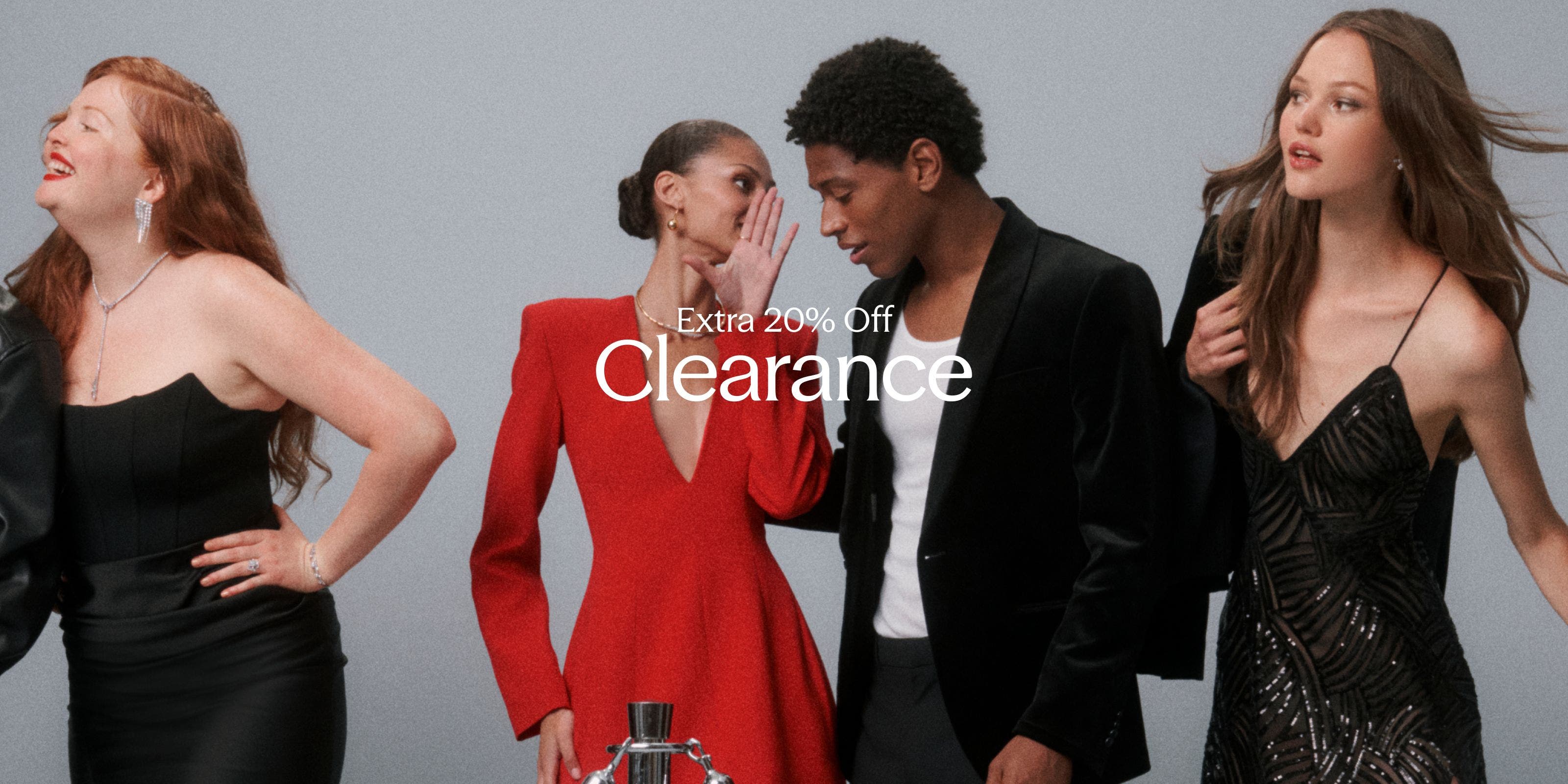 Extra 20% Off Clearance; people dressed for a party.