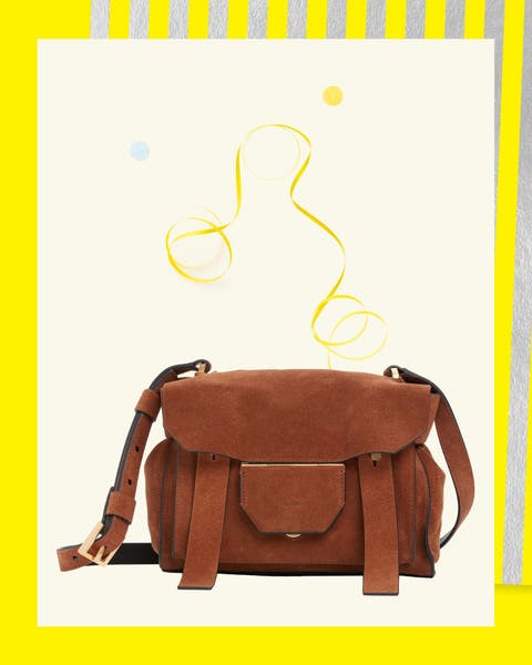 A caramel suede crossbody bag.