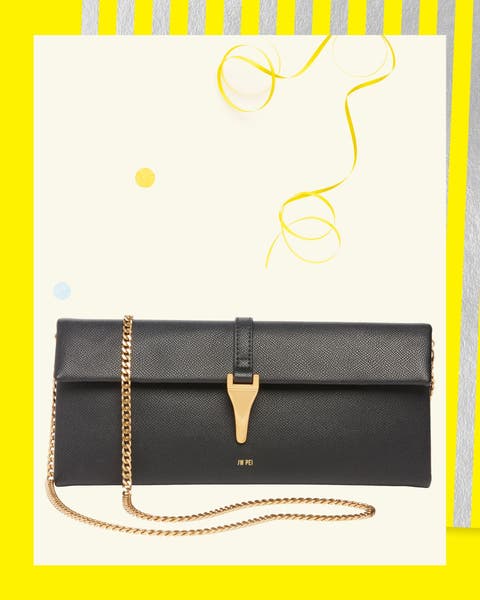 A black pebble-grained leather clutch with gold chain.