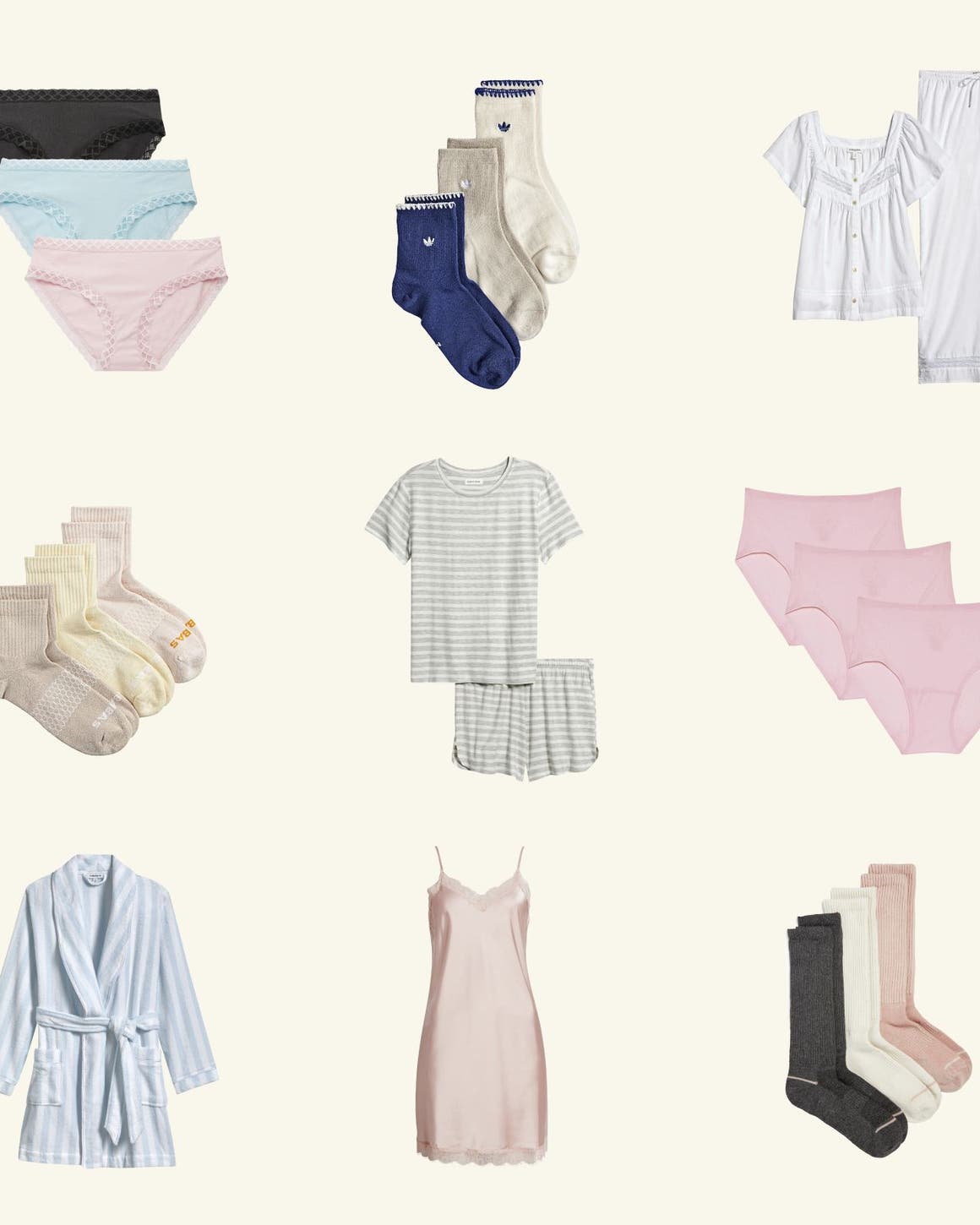 A collage of women's undergarments, pjs and more.