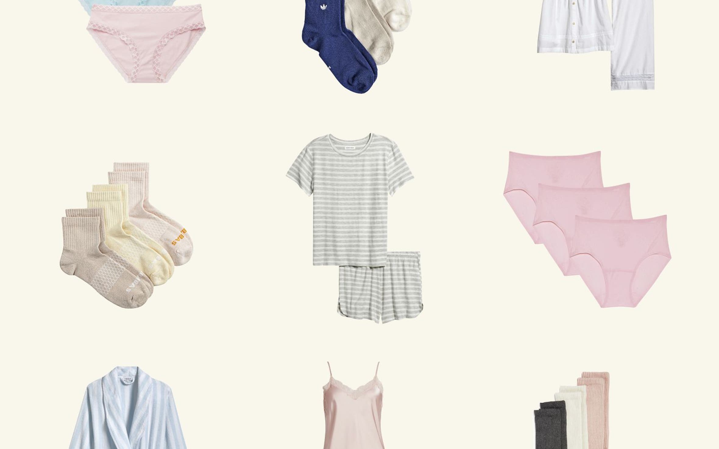 A collage of women's undergarments, pjs and more.