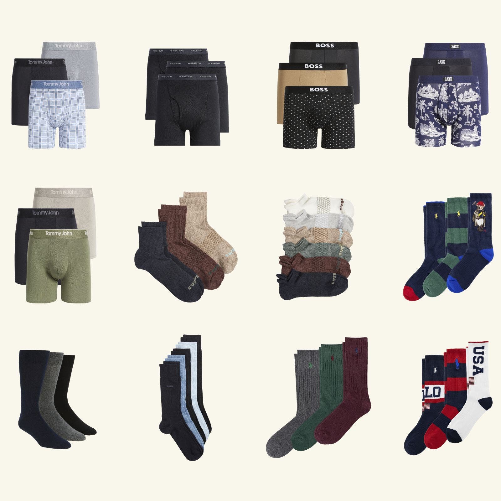 A collage of mens socks, boxers and more.