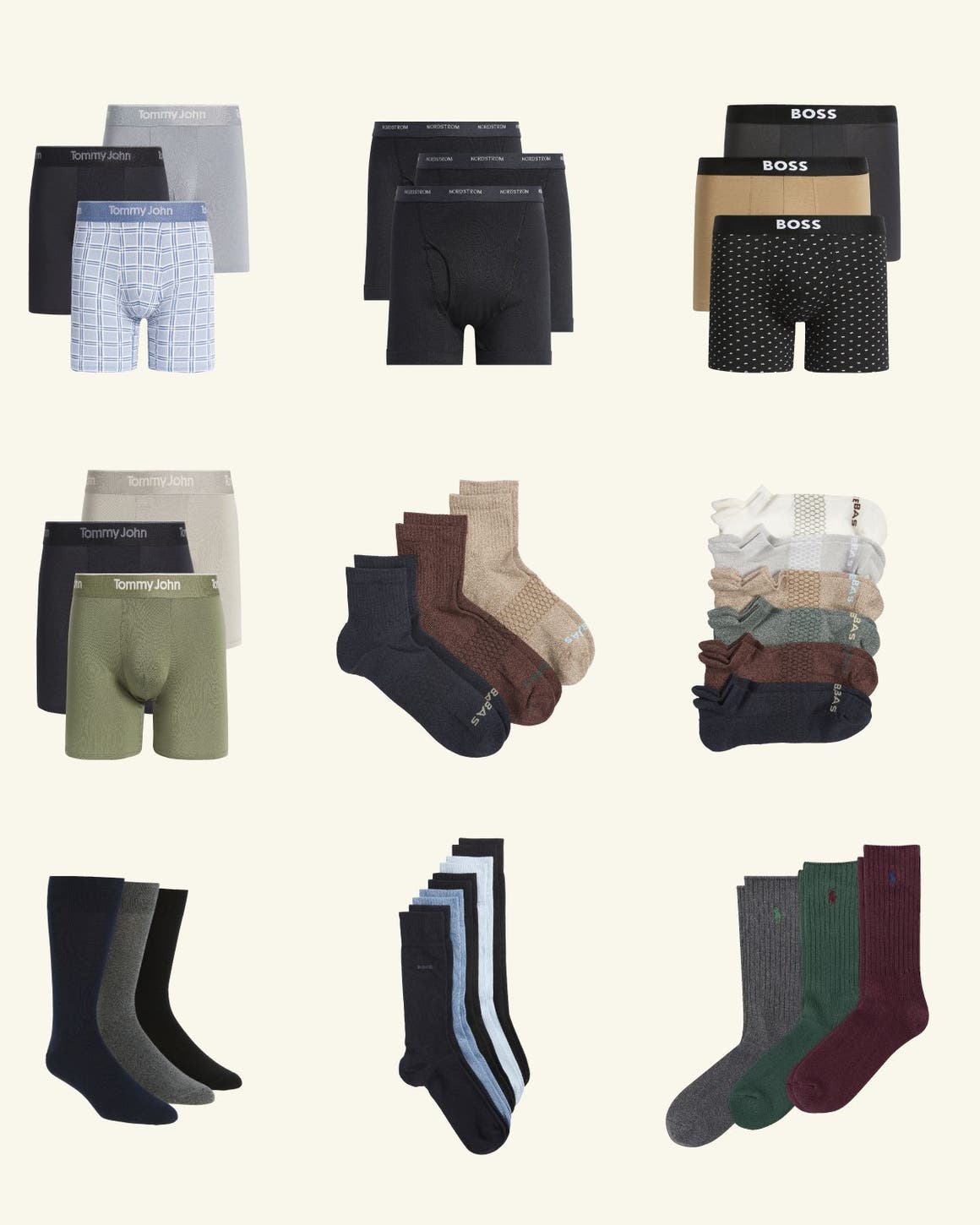 A collage of mens socks, boxers and more.