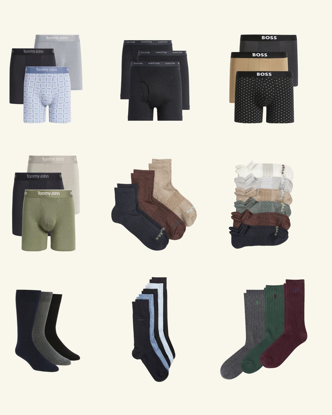 A collage of mens socks, boxers and more.