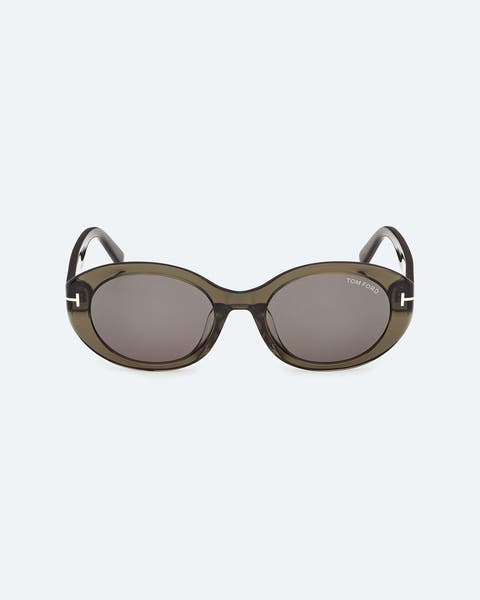Tom Ford oval sunglasses in an olive-green frame.