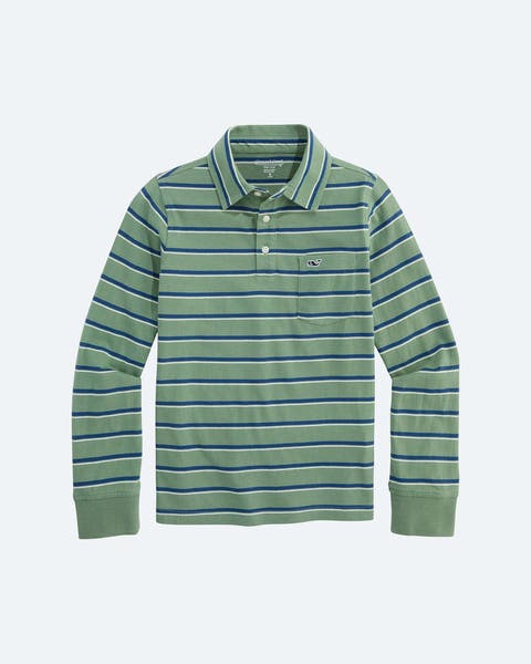 A green striped long sleeve polo shirt.