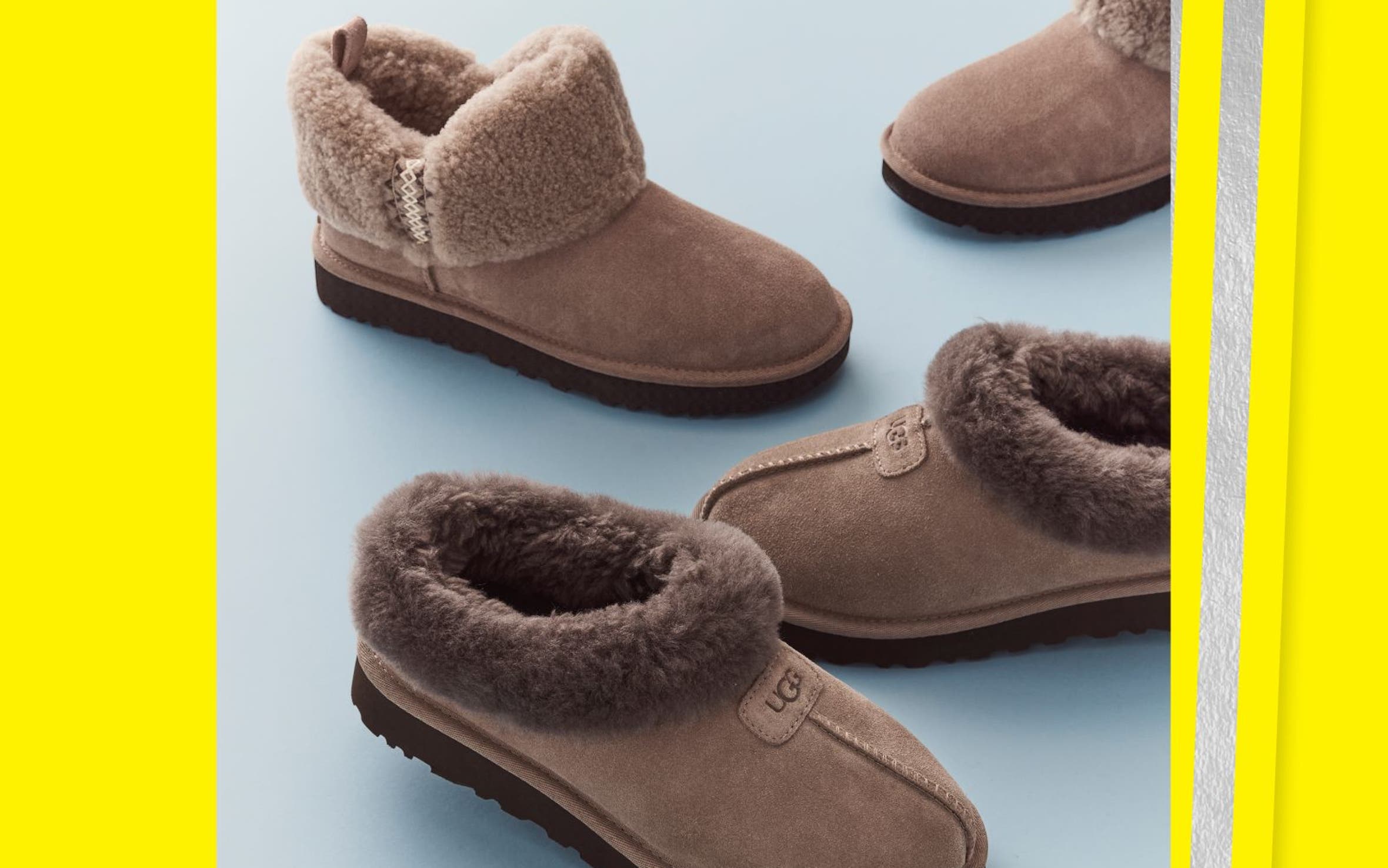 A variety of light brown suede UGGs with fur detailing.