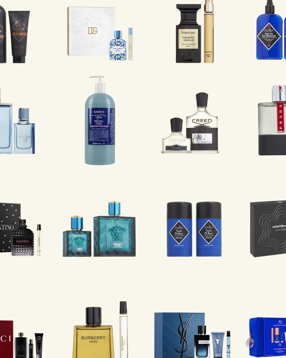 A collage of beauty and grooming products.