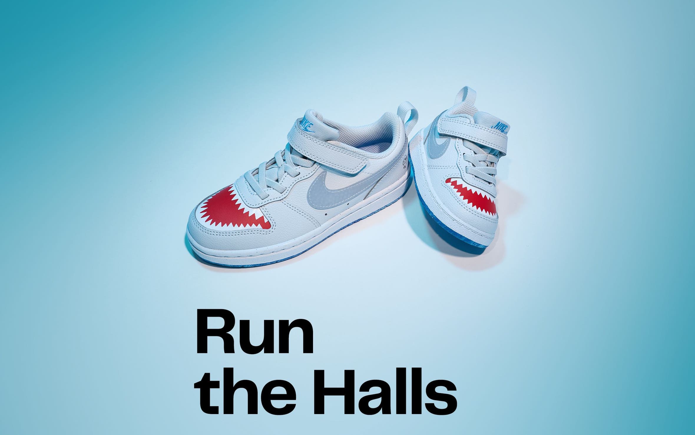 Run the halls. A pair of kids’ Nike sneakers.