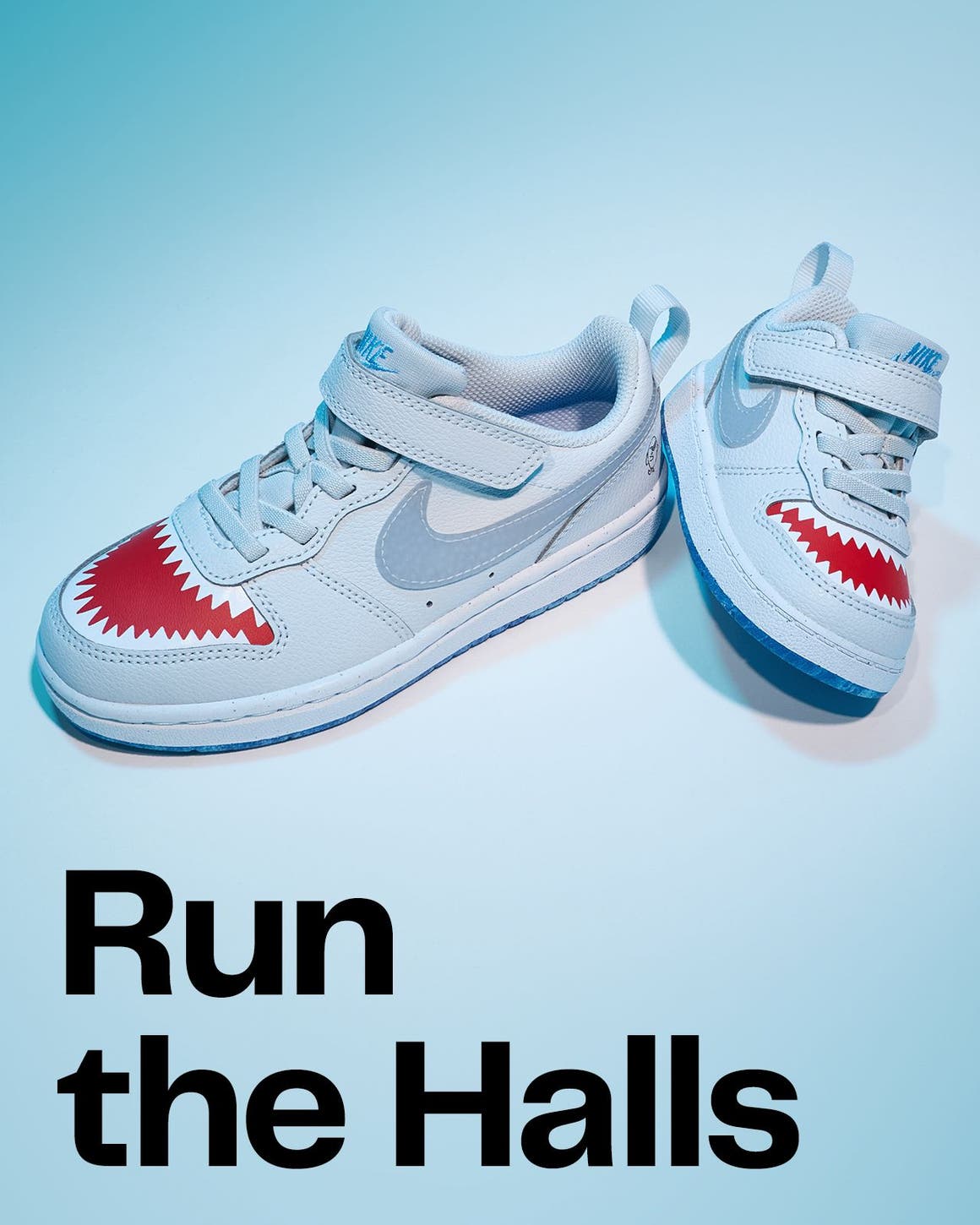 Run the halls. A pair of kids’ Nike sneakers.