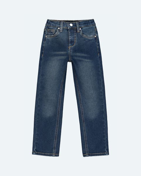 A pair of dark wash jeans for boys.