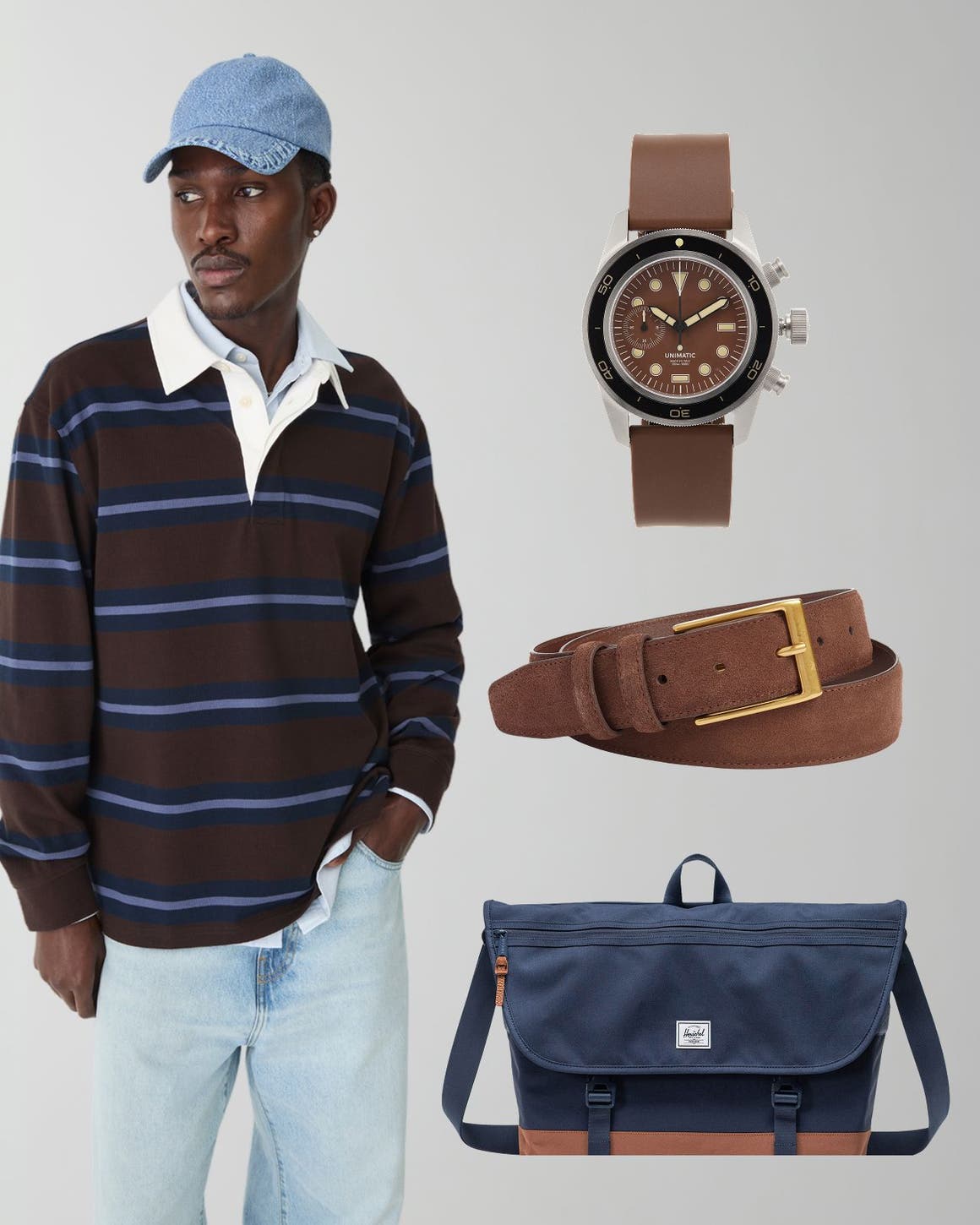 A man in jeans and a striped rugby shirt with a belt, bag and watch.