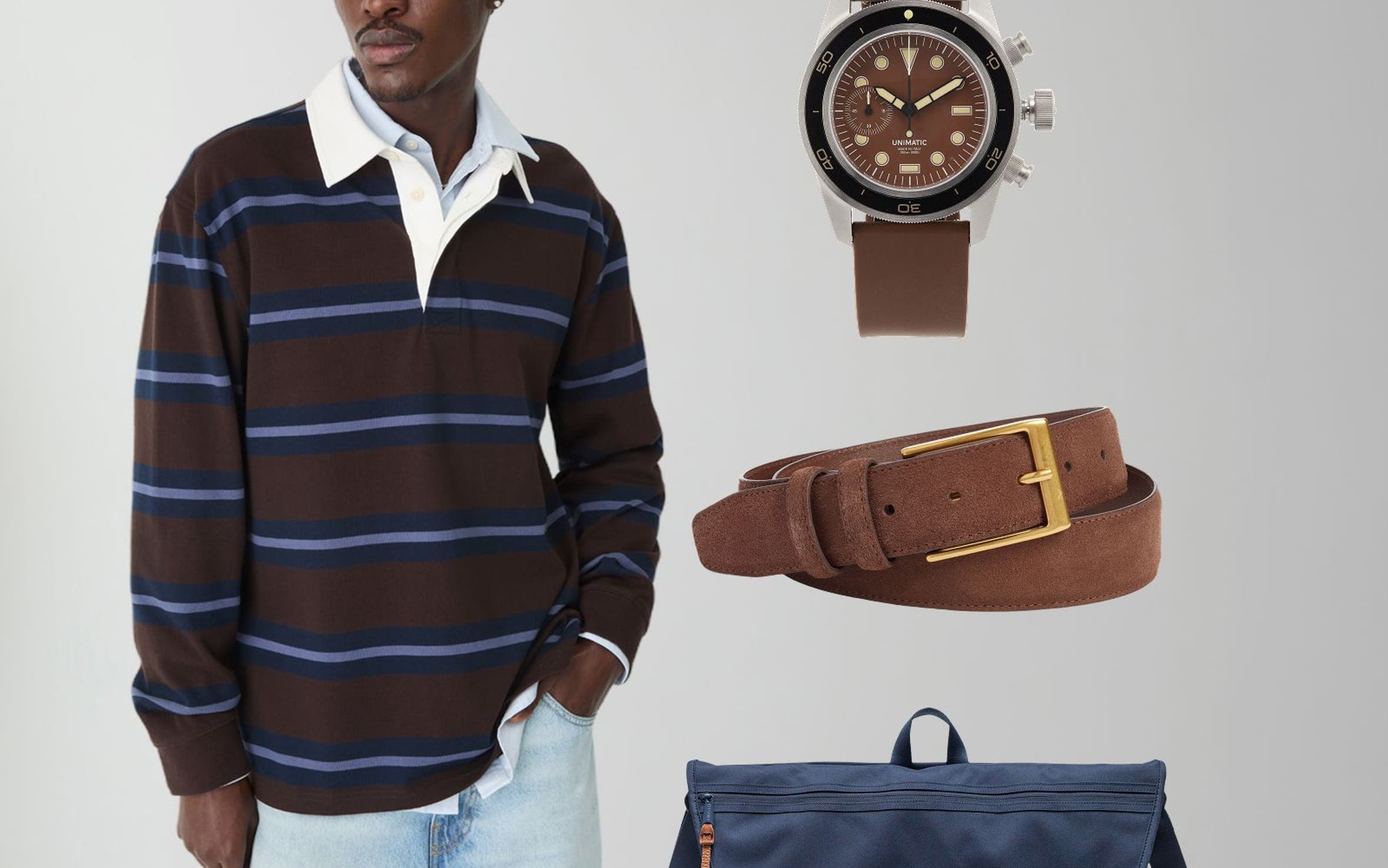 A man in jeans and a striped rugby shirt with a belt, bag and watch.