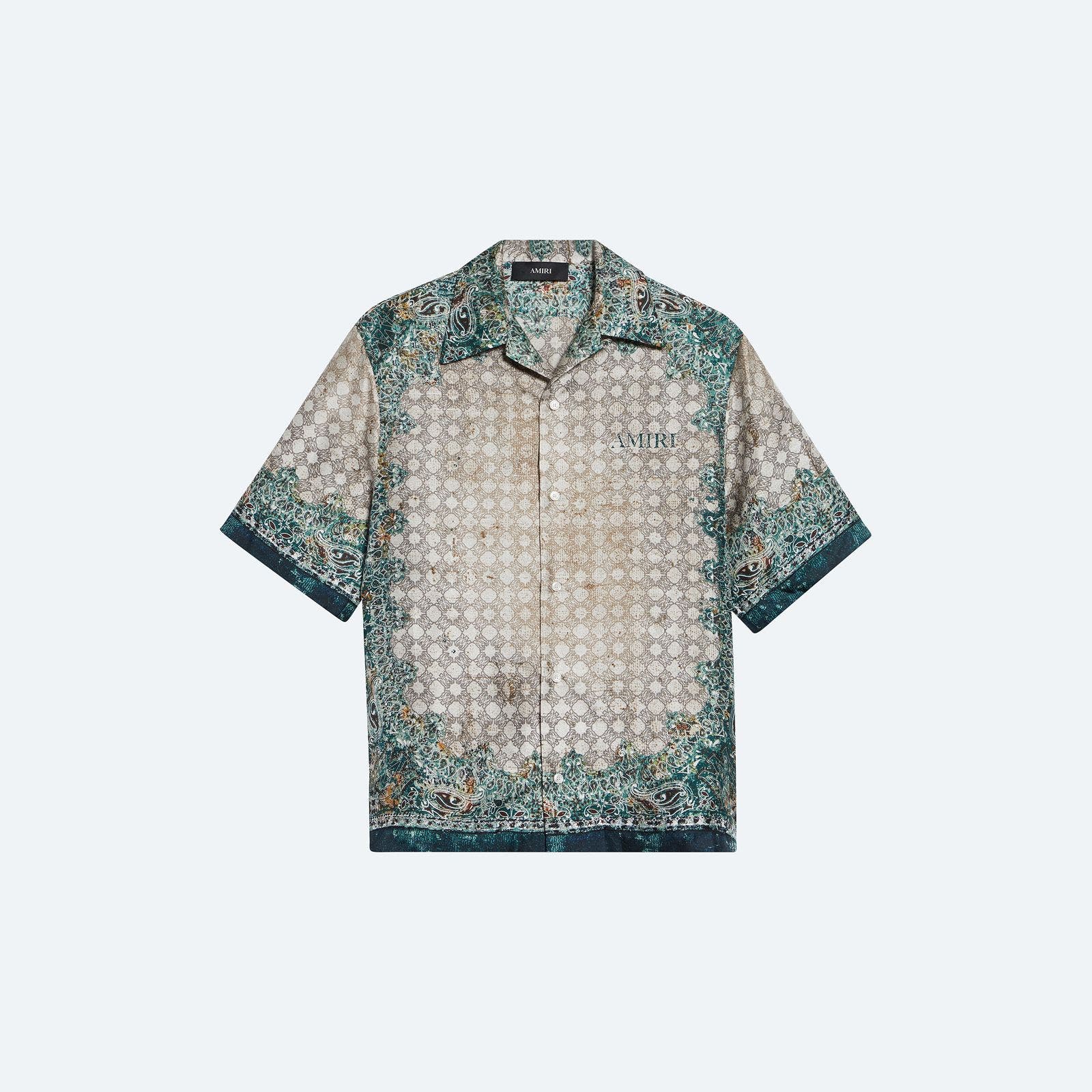 A patterned short-sleeve button-up shirt.