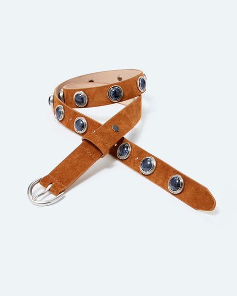 A tan suede belt with metal hardware.