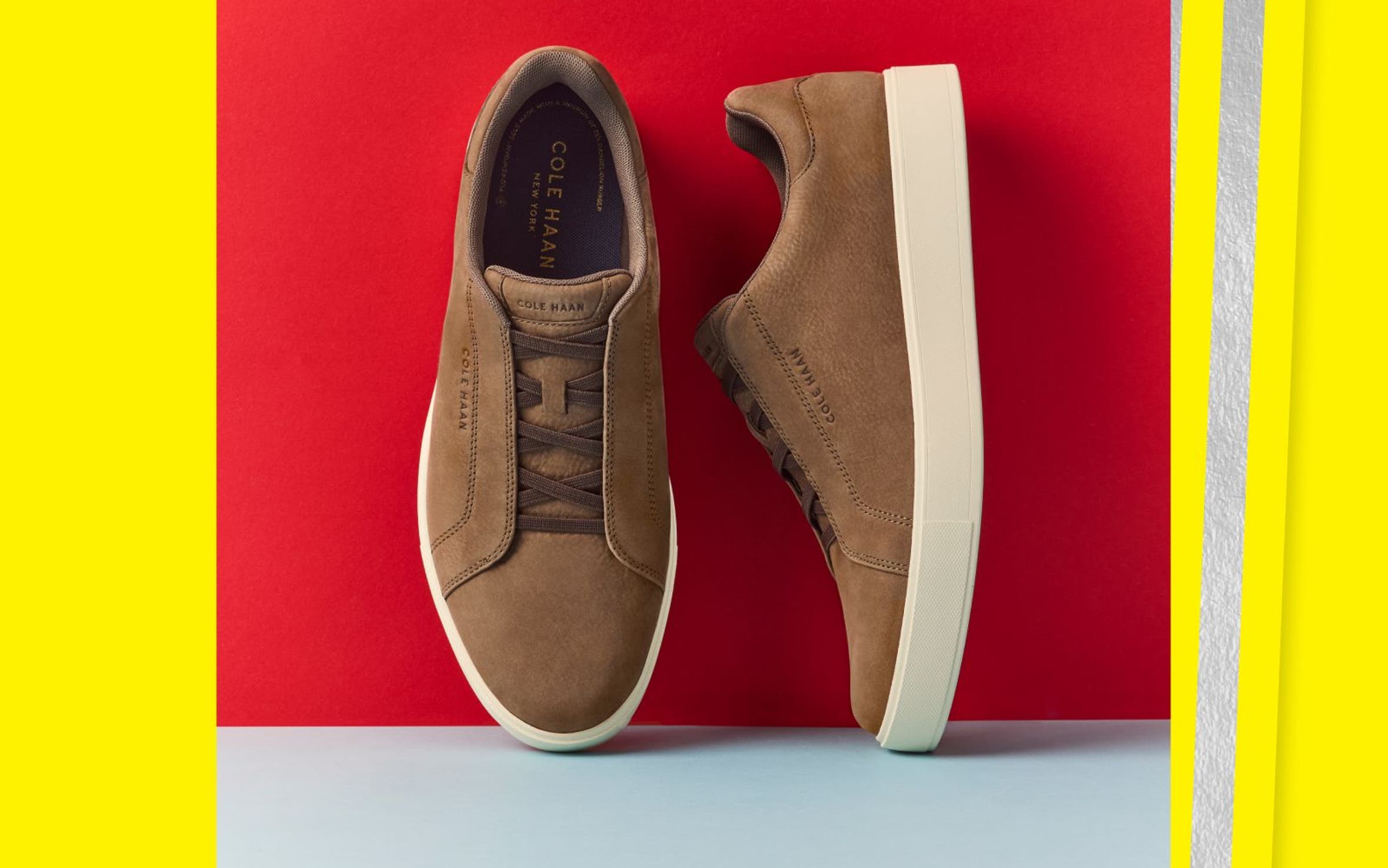 Light brown suede sneakers.