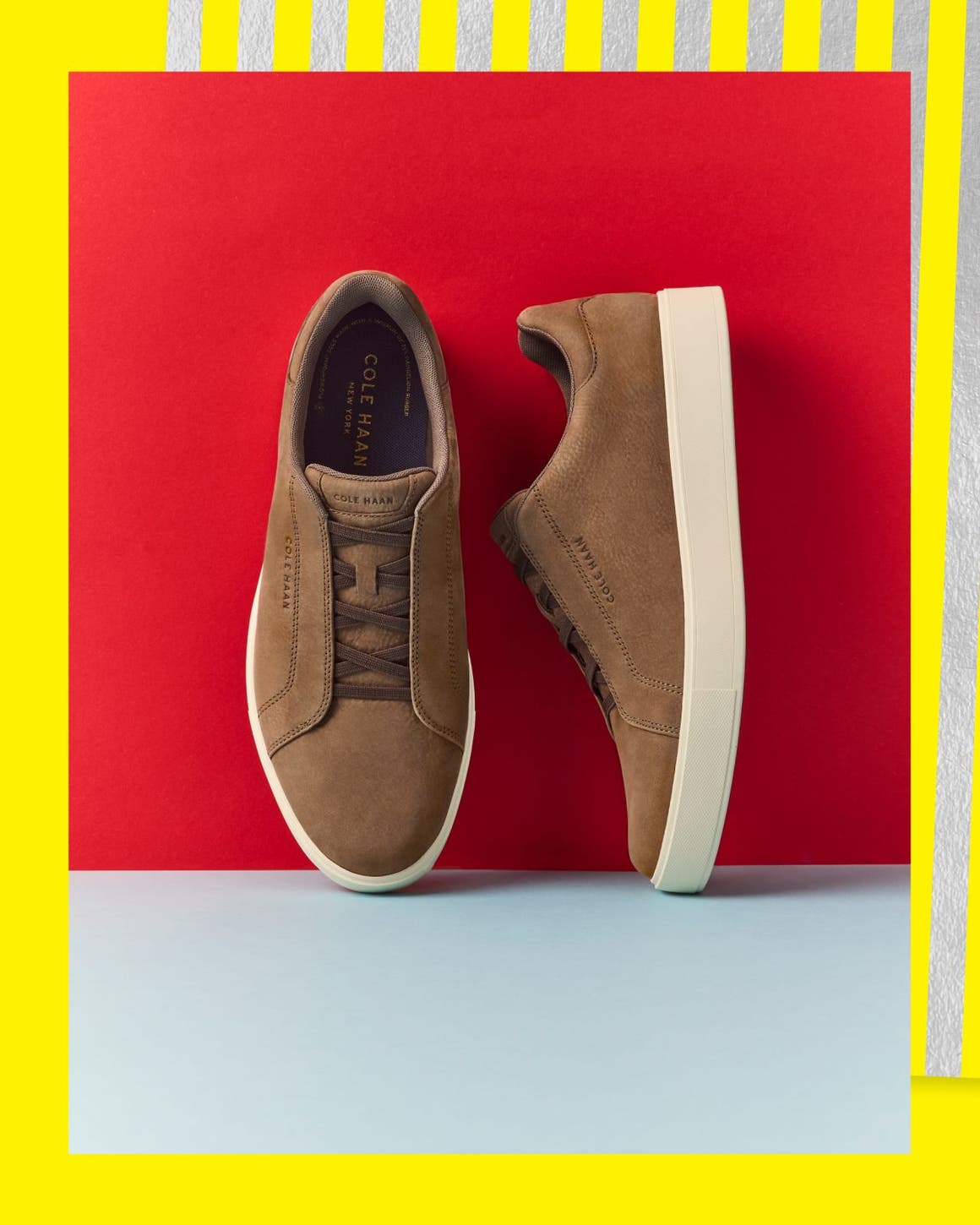 Light brown suede sneakers.