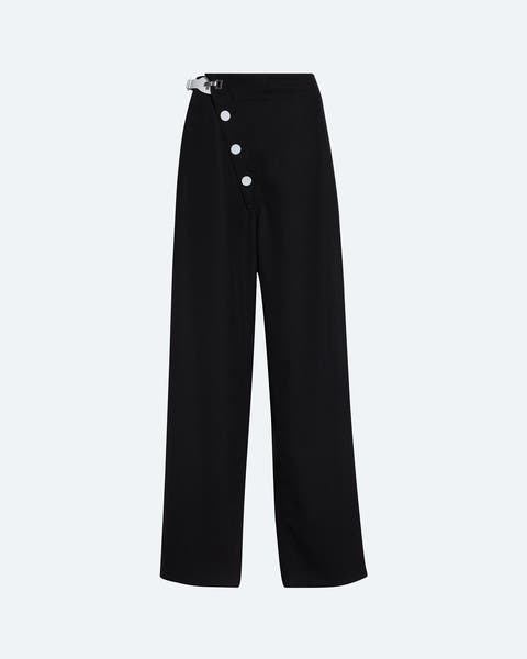 Black wide-leg trousers with a high waist, asymmetric button closure with silver-tone buttons along one hip, and a clean, tailored silhouette