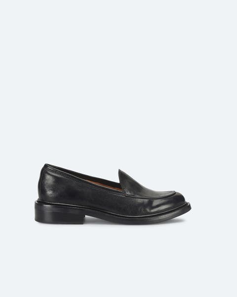 Black leather penny loafers.