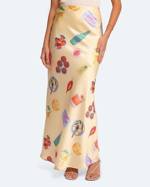 A satin printed maxi skirt.