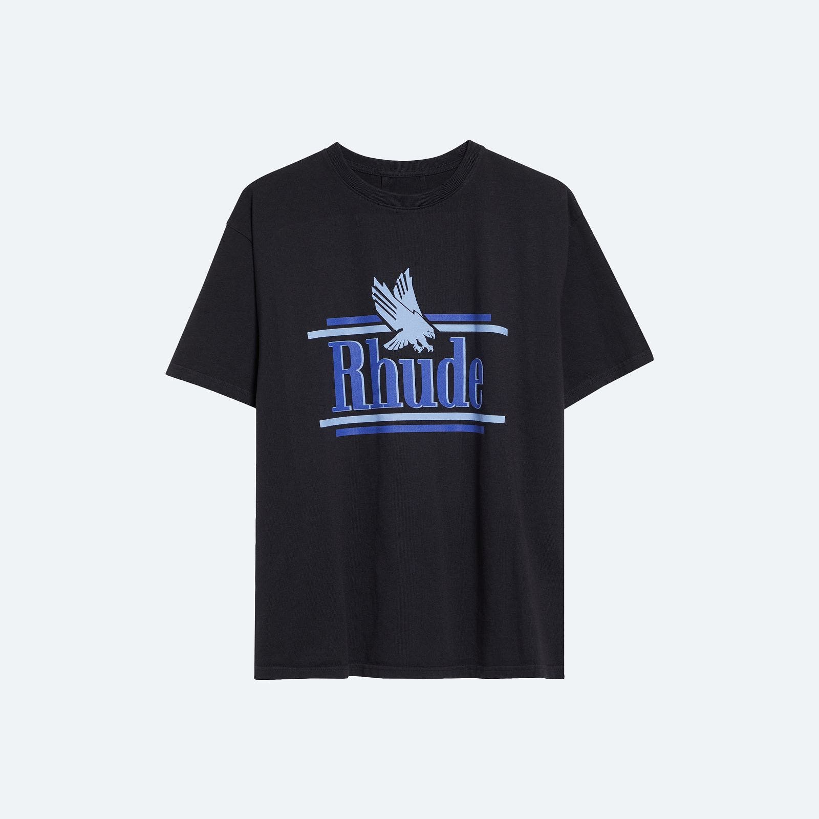 A black crewneck graphic T-shirt. 