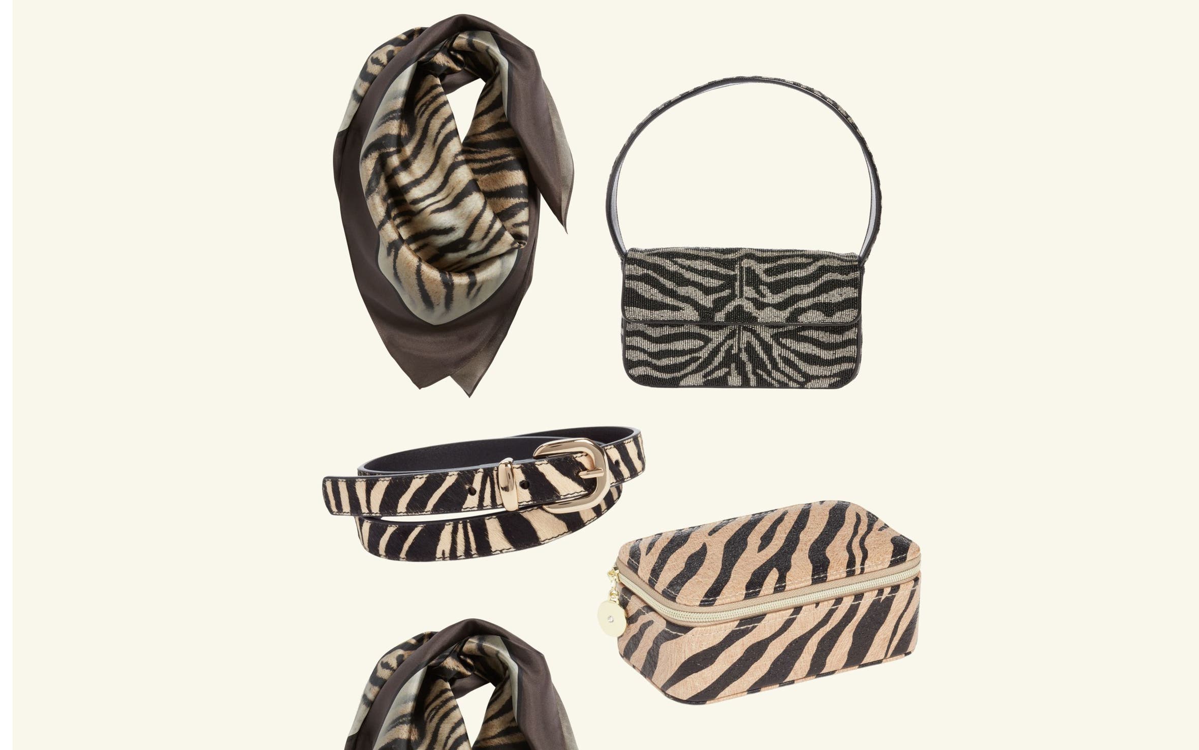 A collection of various brown tiger striped accessories.