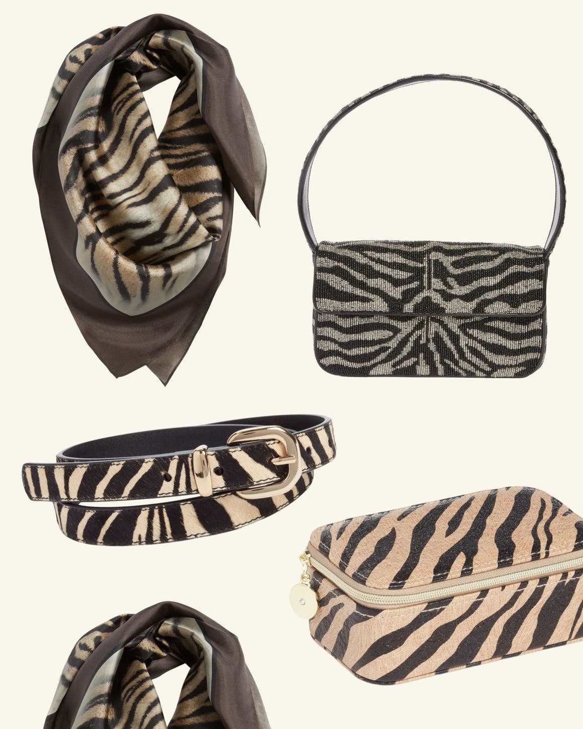 A collection of various brown tiger striped accessories.