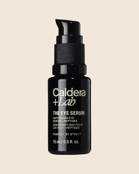 A Caldera + Lab The Eye Serum in a black pump bottle with white lettering.
