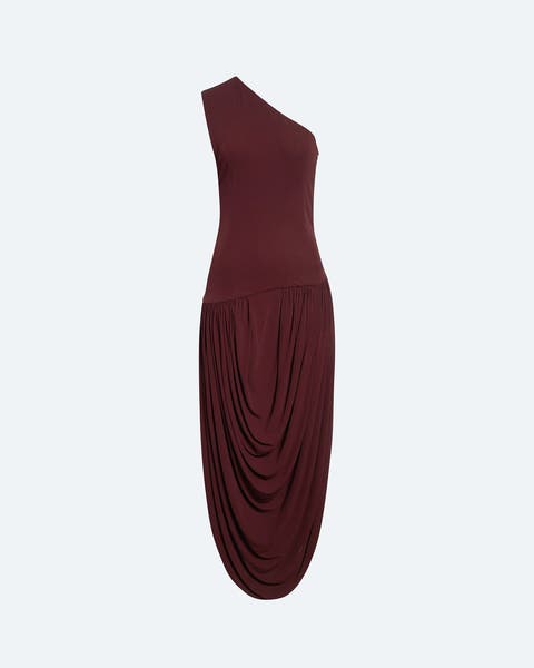 urgundy one-shoulder midi dress with a fitted bodice and a draped, gathered skirt that creates an asymmetric, cocoon-like silhouette