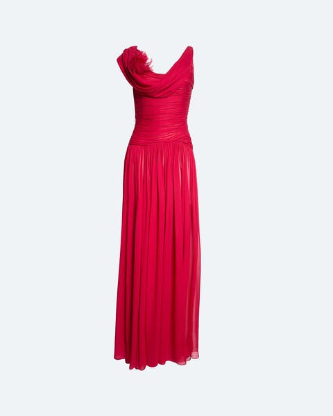 Red sleeveless gown with a draped cowl neckline, ruched bodice, and a flowing pleated maxi skirt