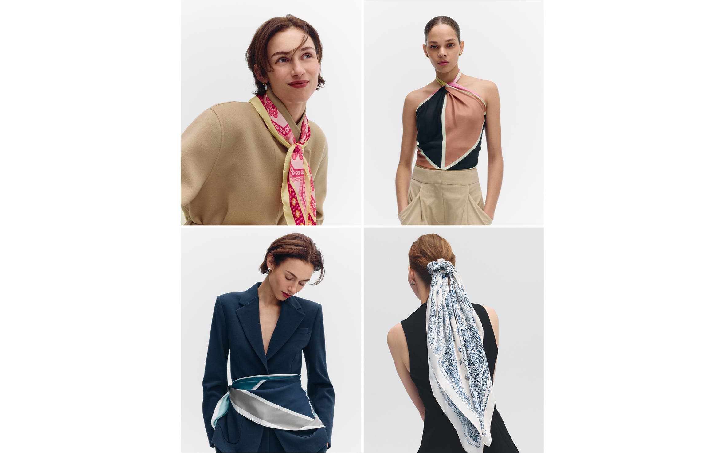 Women wearing scarves styled as hair accessories, tops and more.