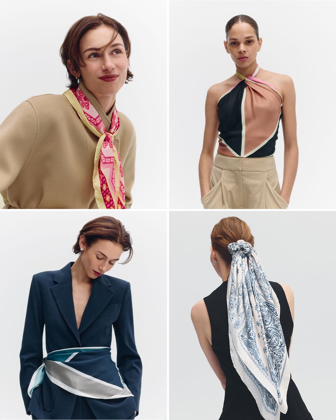 Women wearing scarves styled as hair accessories, tops and more.