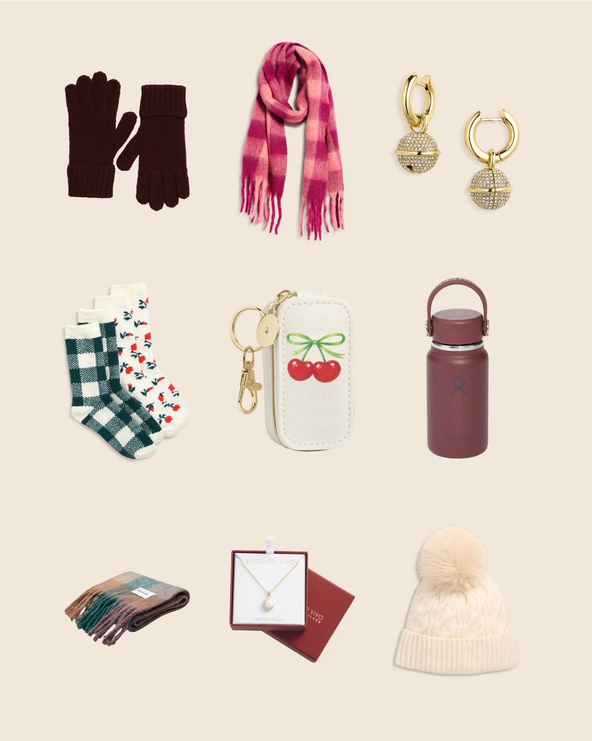 Gifts including accessories and a water bottle.