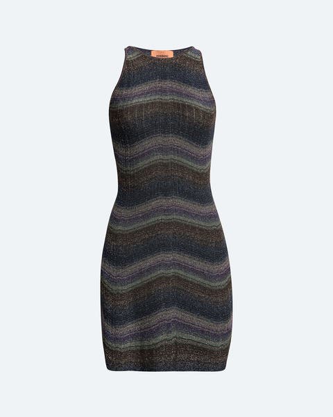 Sleeveless knit mini dress in a multicolor wavy stripe pattern with metallic threading, featuring a high crew neckline and fitted bodycon silhouette