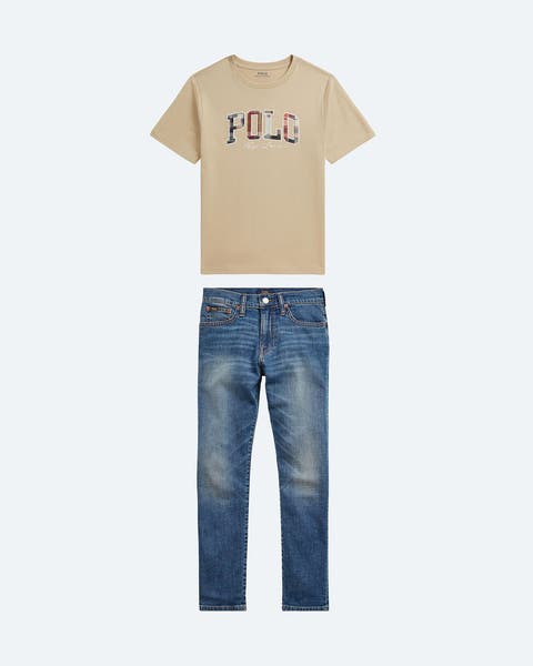Classic-rinse jeans. A beige Polo print tee.