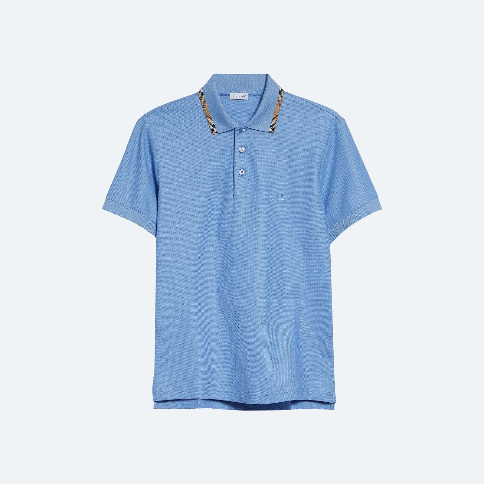 A blue polo with checked tipping.