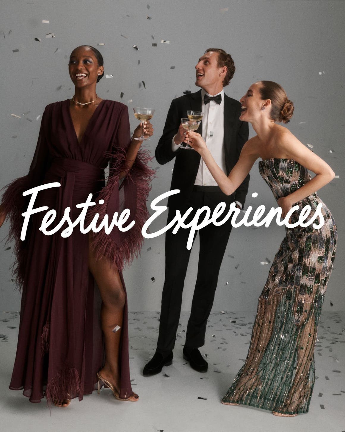 Festive experiences: three people in formal partywear. 
