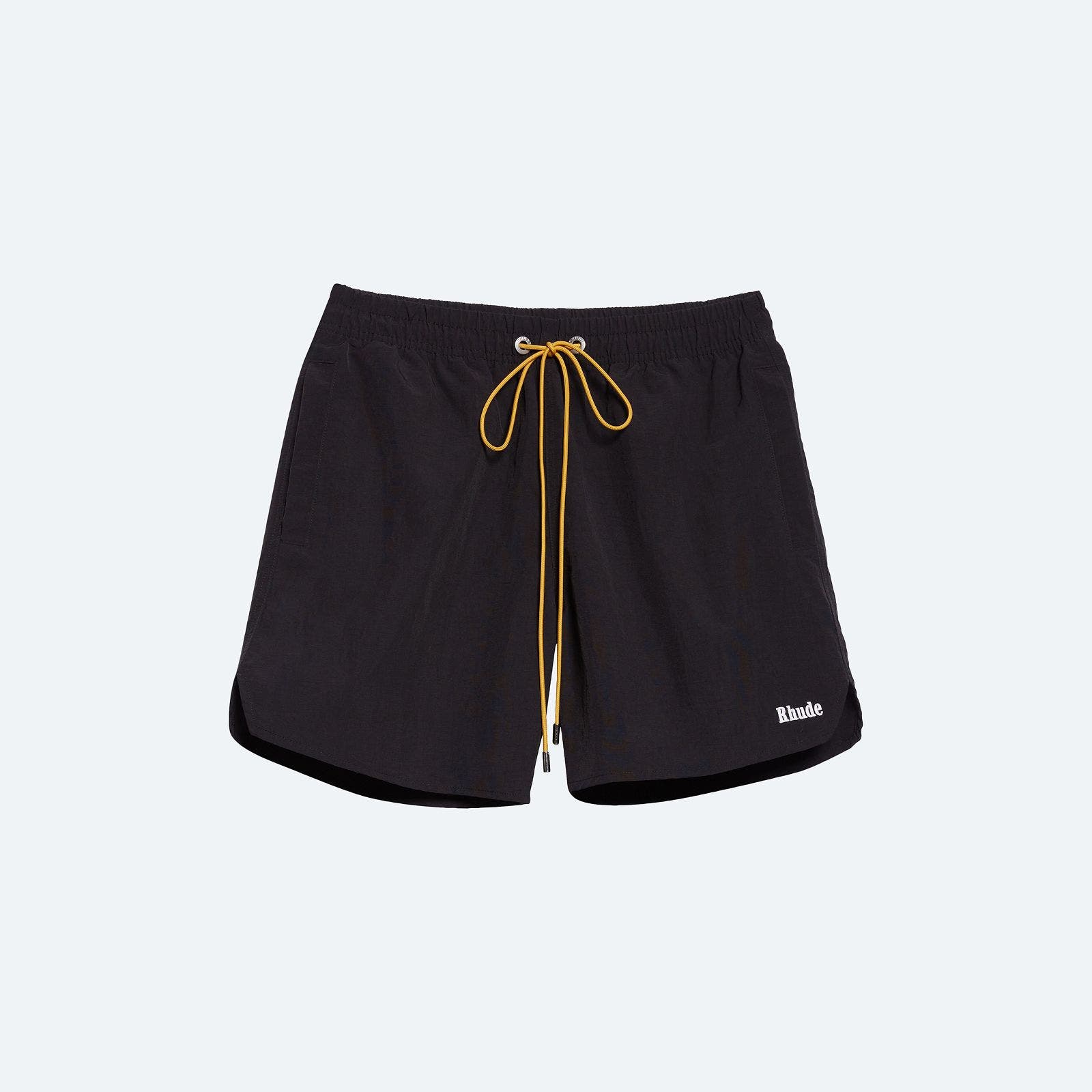 Black shorts with yellow drawstrings.