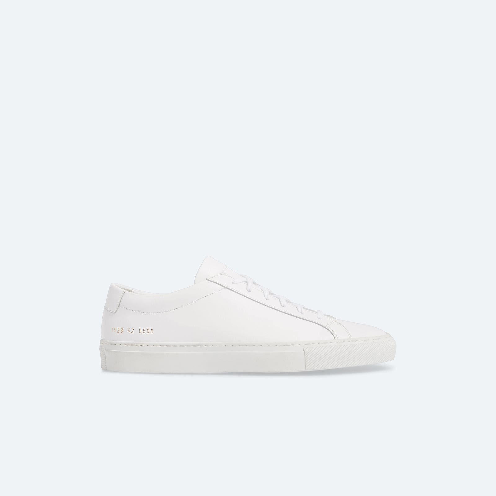 A white leather low-top sneaker.