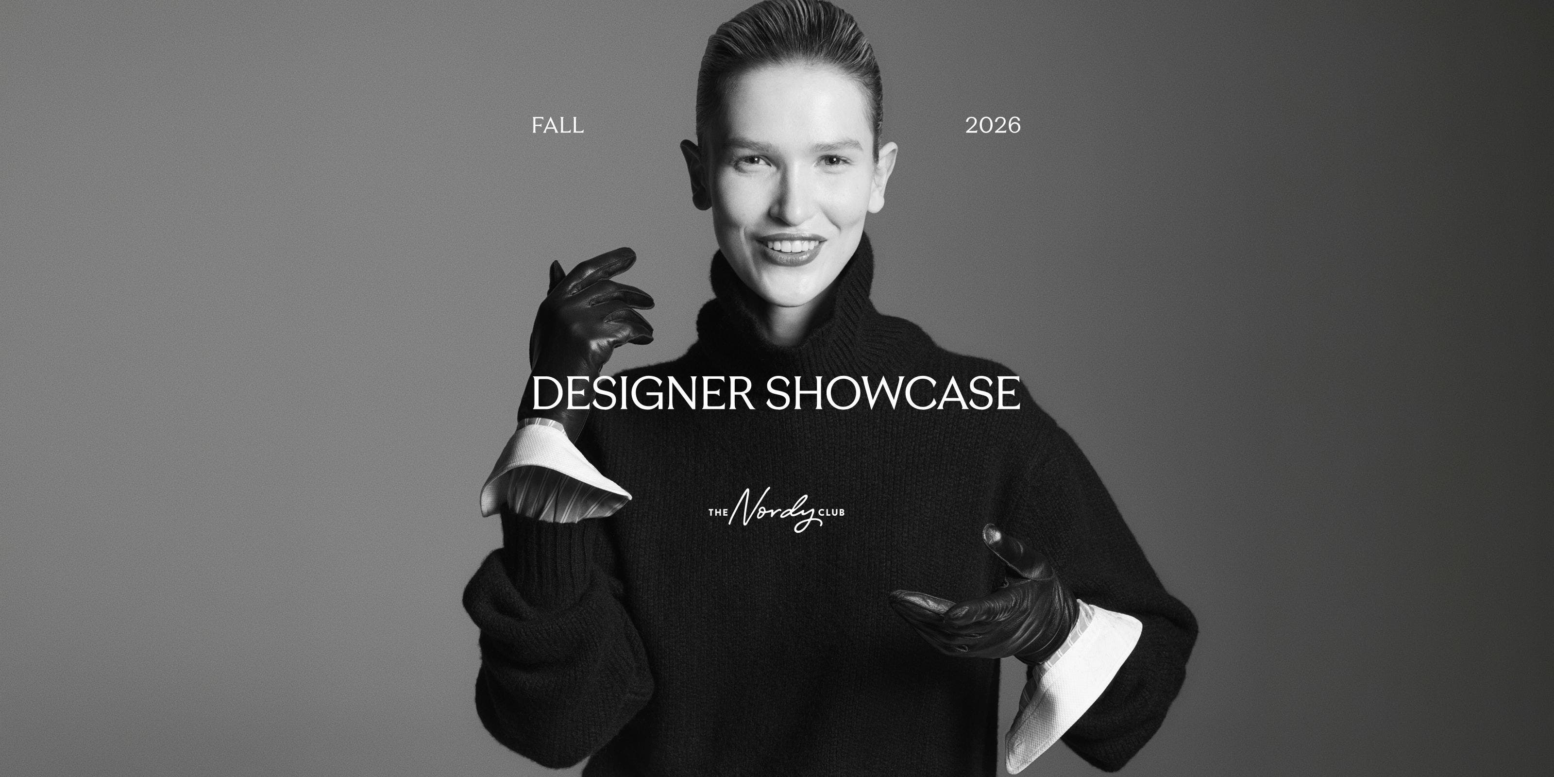 Fall 2026 Designer Showcase. Woman wearing a black turtleneck sweater and black gloves.