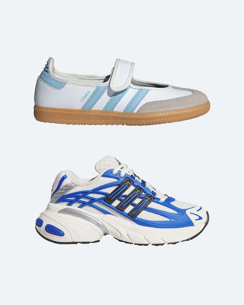 Blue and white striped adidas mary-jane flat. Blue and white athletic sneakers.