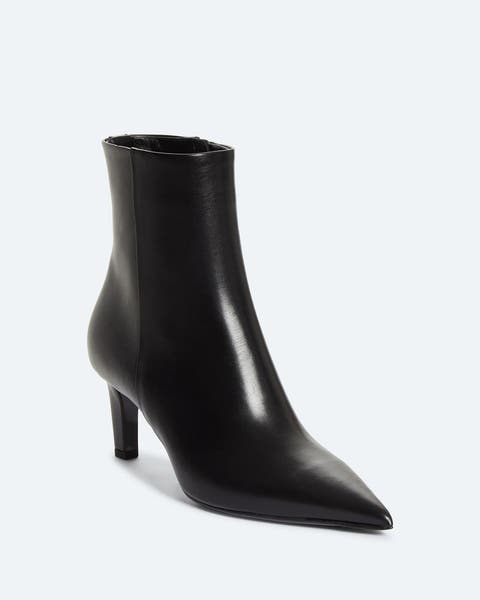 Black leather ankle boot with a pointed toe, stiletto heel, and side zip closure