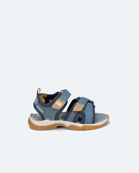 Blue strap-on sandals.
