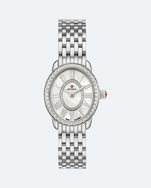 Silver Michele watch with mother-of-pearl face and diamond bezel.