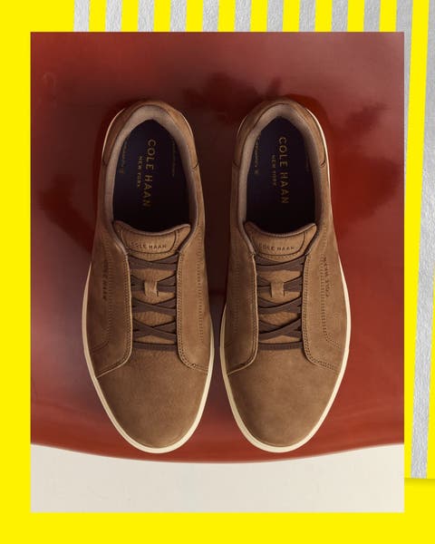 A pair of suede sneakers.