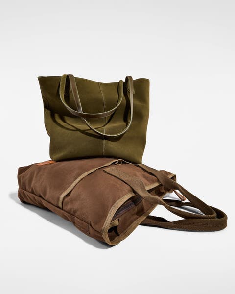 A brown tote and a green tote.