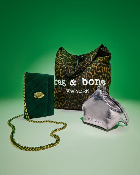 Leopard tote, green suede chain bag, and a silver mini bag.