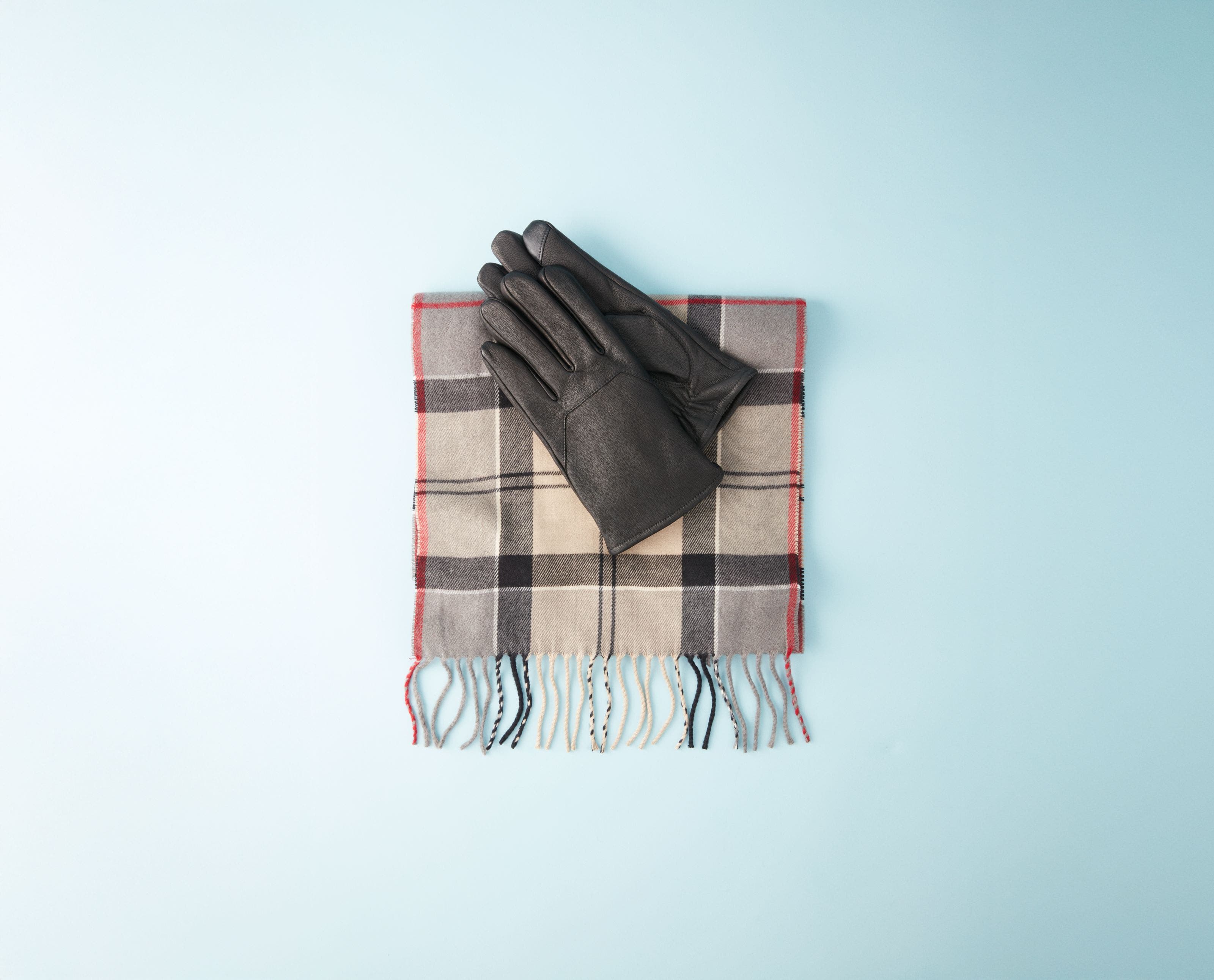 Leather gloves and a plaid scarf.